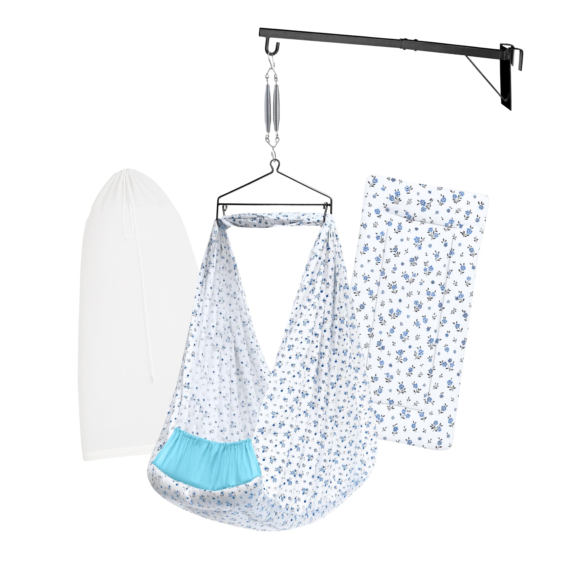 Beetot Baby Set | Pure Cotton Cloth, Removal Pad, Mosquito Net, Spring, Triangle And Window Hanger | Fs- (Blue, Floral Design)