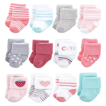 Hudson Baby Baby Girls Cotton Rich Newborn And Terry Socks, Strawberry 12-Pack, 0-6 Months Us