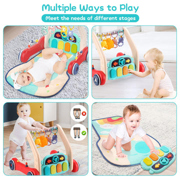 Pakoo Baby Play Mat Gym, 2 In 1 Baby Walker Tummy Time Activity Mat With 5 Infant Sensory Toys, Music And Lights Floor Play Mat