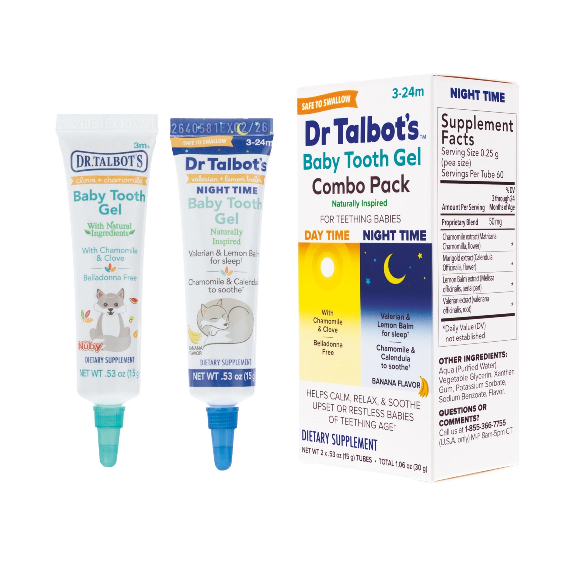 Dr. Talbot's Daytime & Night Time Baby Tooth Gel for Sore Gums - 0.53 oz Combo Pack Tubes of Teething Gel - Ages 3-24 Months - N