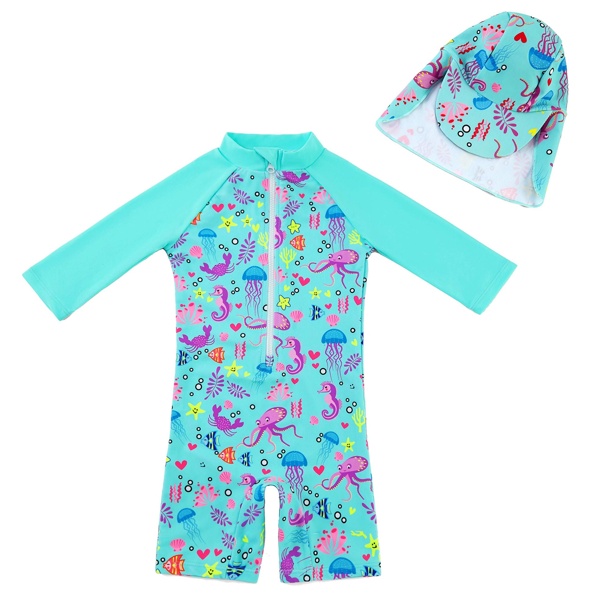 Upandfast Baby/Toddler One Piece Zip Sunsuit With Sun Hat Upf 50+ Sun Protection Baby Swimsuit (Green(3/4 S), 6-9 Months)