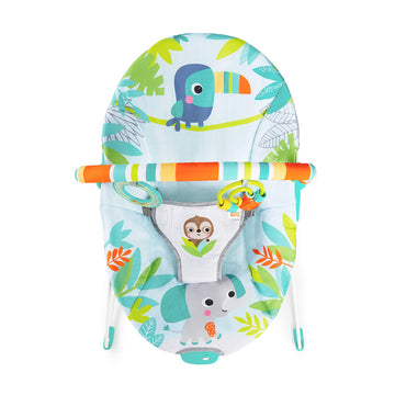 Bright Starts Rainforest Vibes 3-Point Harness Vibrating Baby Bouncer With-Toy Bar