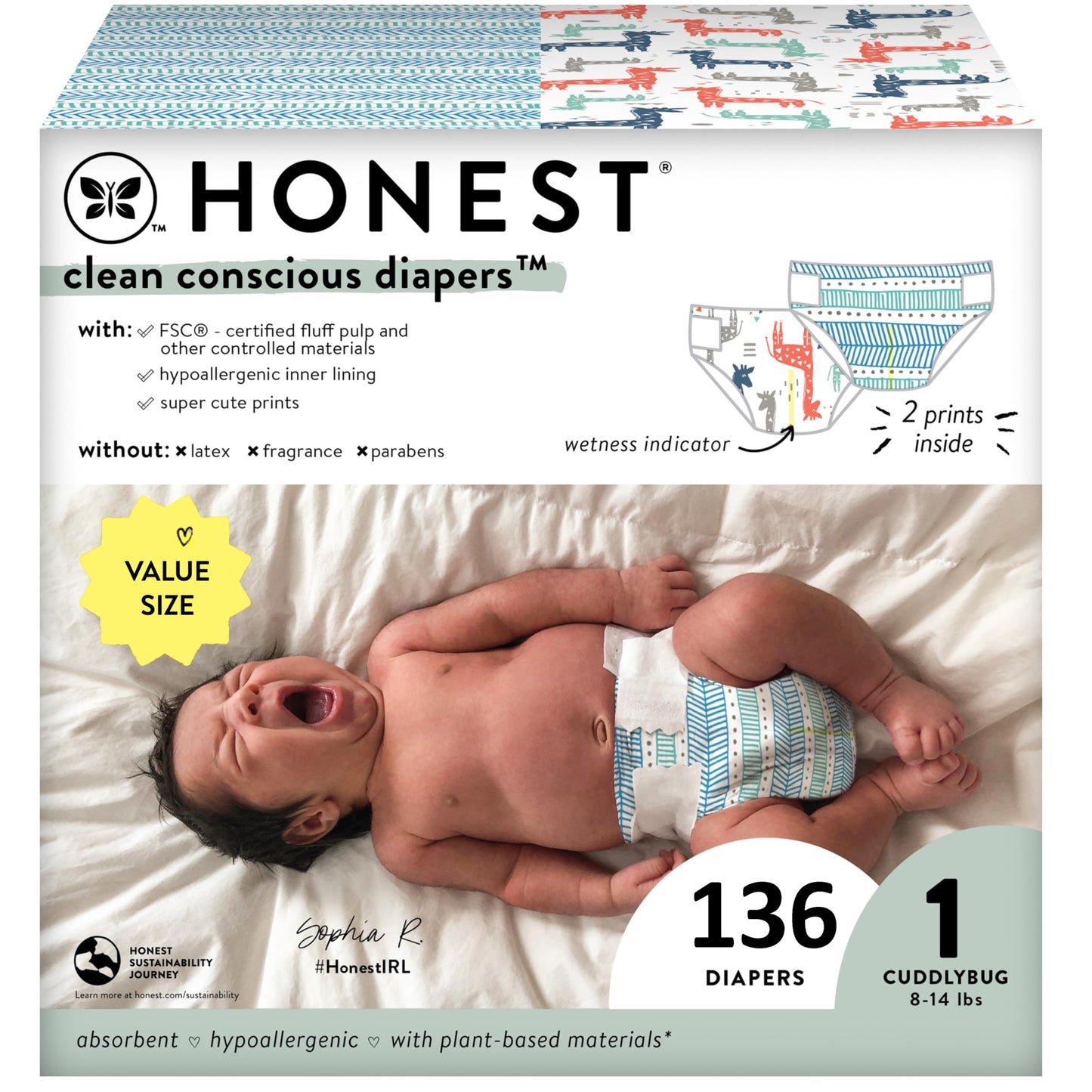 The Honest Company Clean Conscious Diapers | Plant-Based, Sustainable | Dots & Dashes + Multi-Colored Giraffes | Super Club Box,