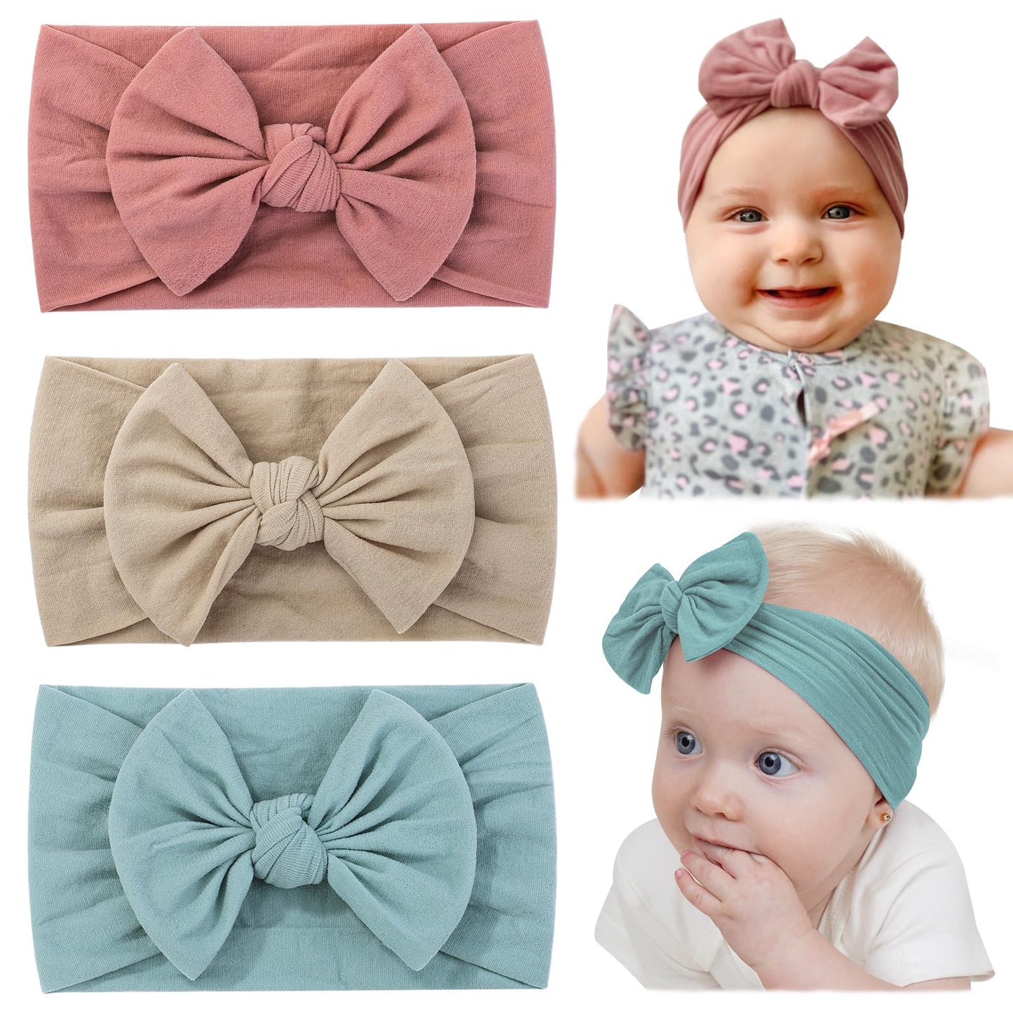 Jollybows 3Pcs Baby Nylon Headbands Hairbands Hair Bow Elastics For Baby Girls Newborn Infant Toddlers Kids (9-Baby Pink+Baby Bl