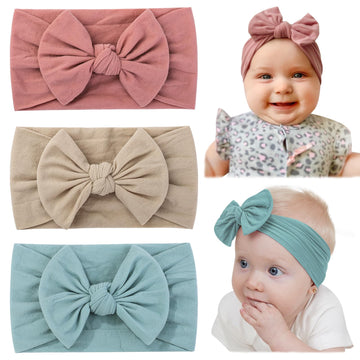 Jollybows 3Pcs Baby Nylon Headbands Hairbands Hair Bow Elastics For Baby Girls Newborn Infant Toddlers Kids (9-Baby Pink+Baby Bl