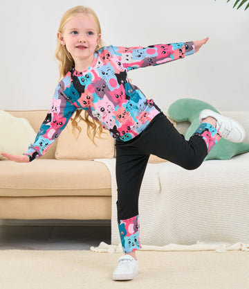 Retsugo Girls Cat Outfit Cat Clothes For Girls Kitty Shirts Cartoon Sweatshirts Top Black Leggings 2Pcs Girl Clothes Fall/Winter