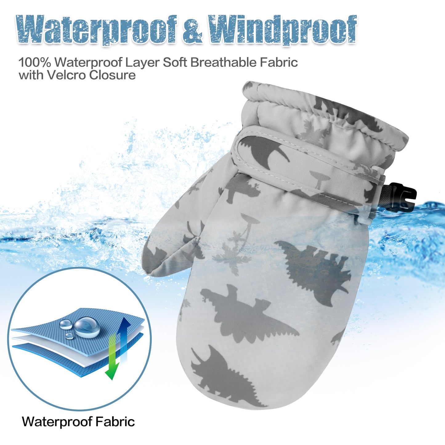 Fynnsure Toddler Mittens Baby Waterproof Snow Gloves Kids Ski Snow Gloves Cold Weather Mittens For Boys Girls Gray Dinosaur 2-4