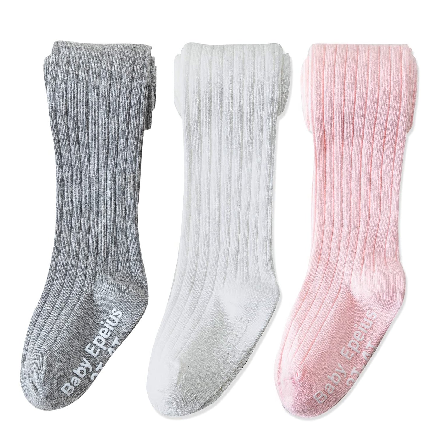Epeius Baby Tights Baby Girls Non-Slip Ribbed Leggings Newborn Girls Seamless Cotton Stockings Pantyhose Footed Tights 3 Pairs P