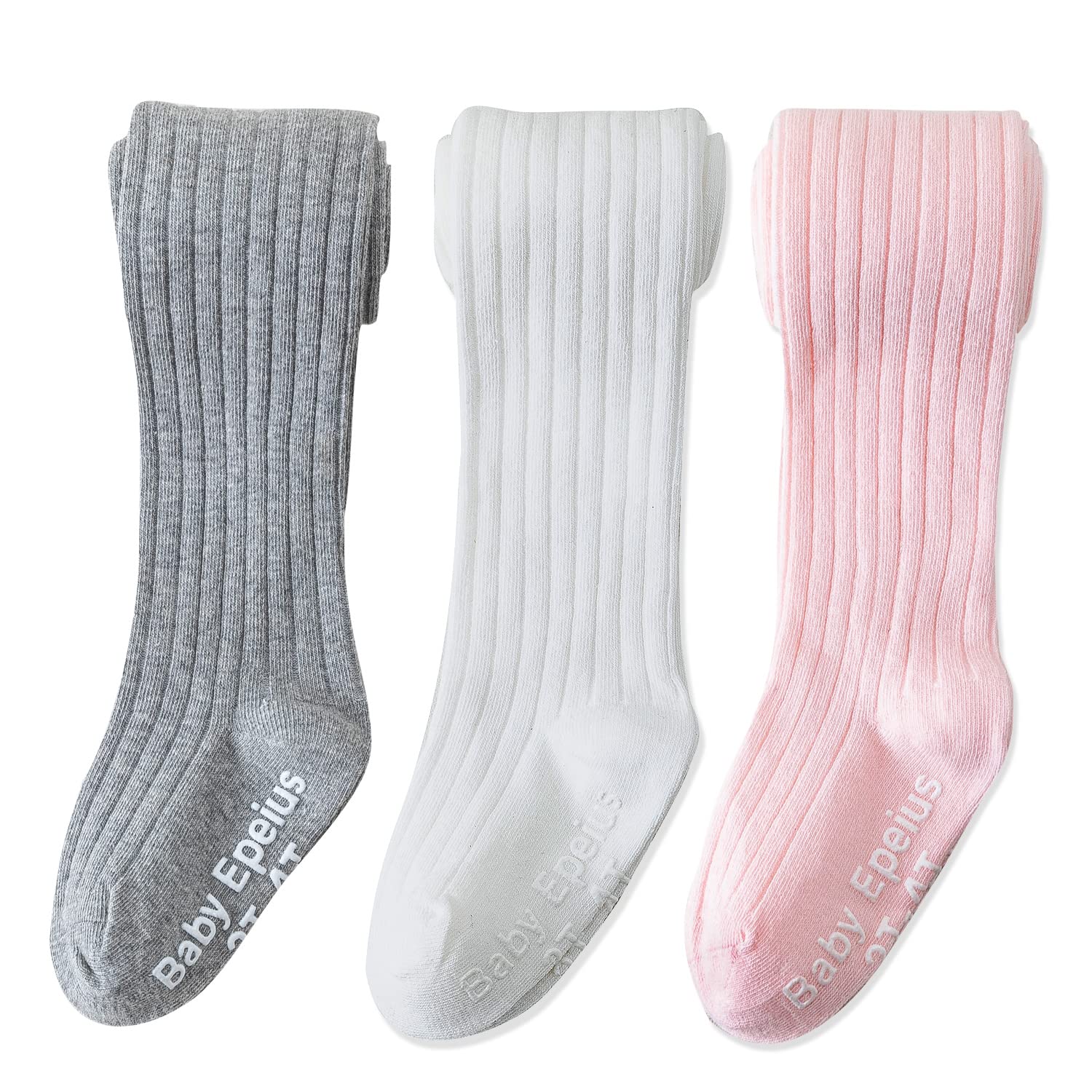 Epeius Baby Tights Baby Girls Non-Slip Ribbed Leggings Newborn Girls Seamless Cotton Stockings Pantyhose Footed Tights 3 Pairs P
