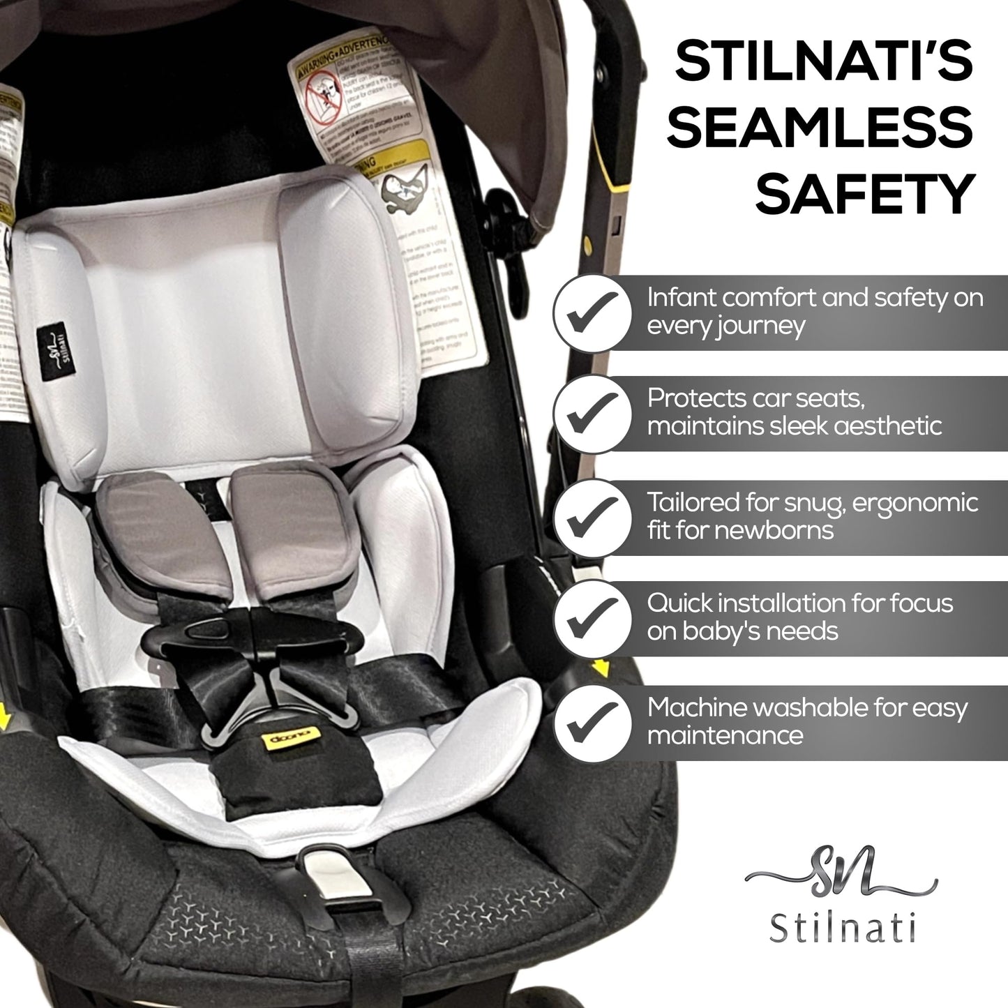 Stilnati Baby Car Seat Insert - Newborn Infant Head & Neck Support Pillow For Comfort & Safety - Convertible Travel Padding Comp