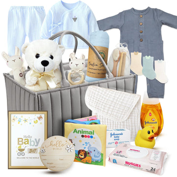 New Baby Boy Gift Basket | Unique Gift Set in a foldable diaper bag for a New MOM Light Blue Gift Set. Welcome Baby Care Package