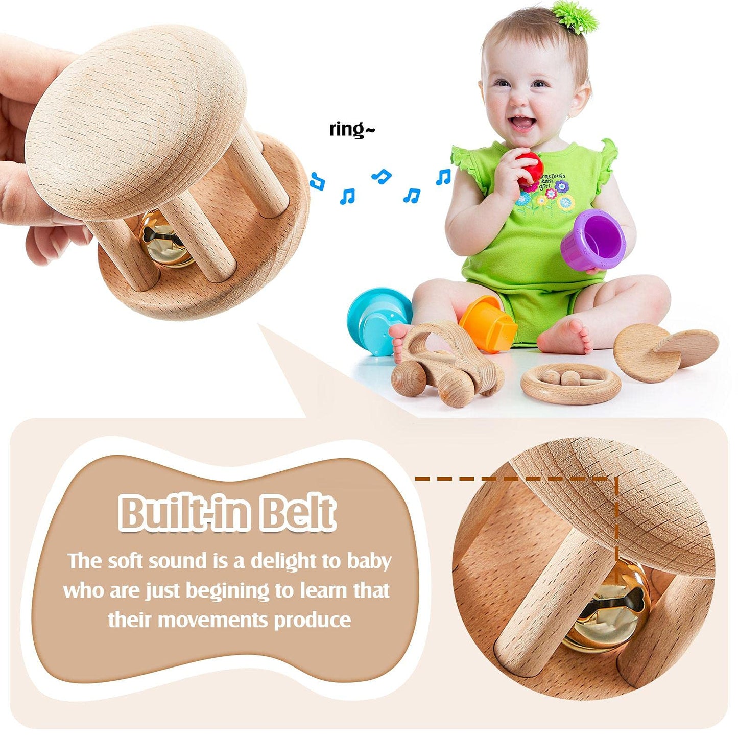 5 Pieces Wooden Baby Toys Wooden Toys for Babies 0-6-12 Months Wood Toys Rattles with Bells Montessori Wood Baby Push Car Wooden