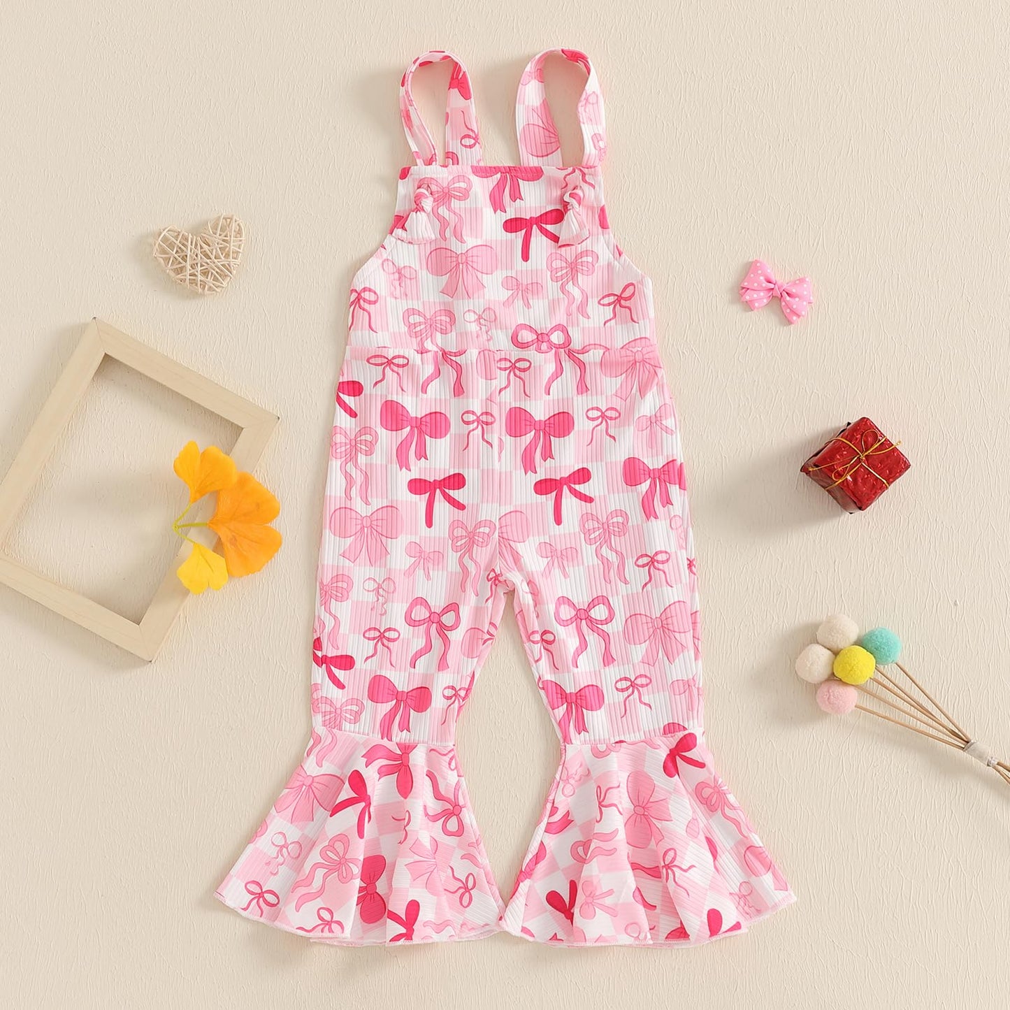 Yokjzjd Toddler Baby Girl Valentines Day Outfit Bow Print Suspender Romper Jumpsuit Overalls Bell Bottom Pants Fall Clothes (Pin
