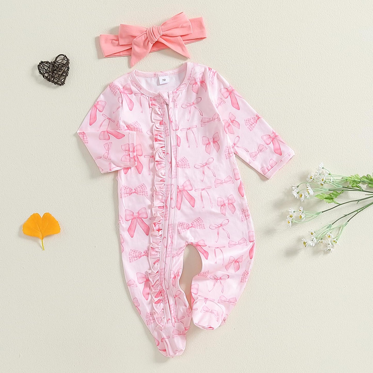 Ayalinggo Valentines Baby Girl Outfit Bowknot Heart Footie Romper Long Sleeve Onesie Newborn Christmas Clothes (Little Pink, 12-