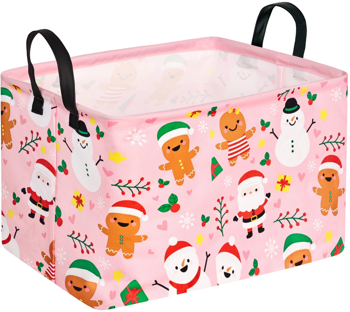 VAIVUSTO Christmas Basket for Gifts Pink Gingerbread Snowman Storage Bin Collapsible Nursery Hamper Waterproof Kids Toy Box Book