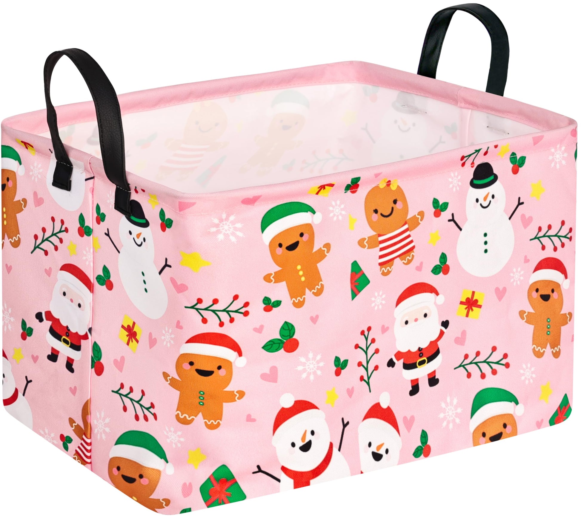 VAIVUSTO Christmas Basket for Gifts Pink Gingerbread Snowman Storage Bin Collapsible Nursery Hamper Waterproof Kids Toy Box Book