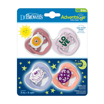 Dr. Brown'S Advantage Glow-In-The-Dark Baby Pacifier, Fully Symmetrical Soother With Soft Silicone Bulb, 0-6M, Bpa Free, Lavende