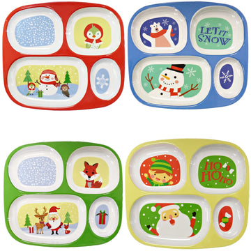4E'S Novelty Christmas Dinnerware Divided Plates For Kids (Set Of 4) Melamine Plastic Bpa Free Sectional Holiday Dinner Plates,