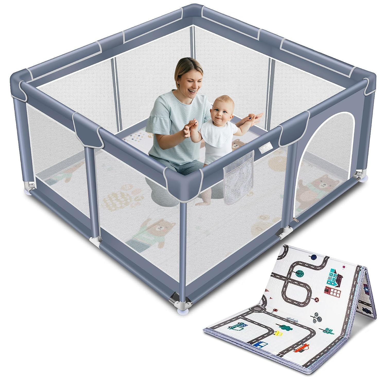 Suposeu Baby Playpen with Mat, Portable Baby Play Yard for Toddler, Safety Baby Gate playpen with Soft Breathable Mesh, Indoor a