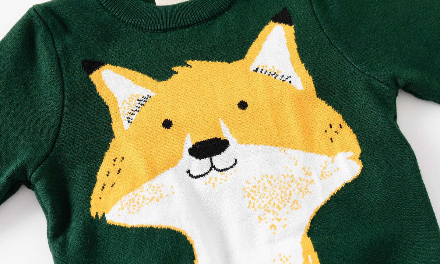 Huaer& Baby Boys Girls Knit Sweater Round Neck Long Sleeve Unisex Cotton Cartoon Animal Pullover Sweatshirt(5T Green Fox)
