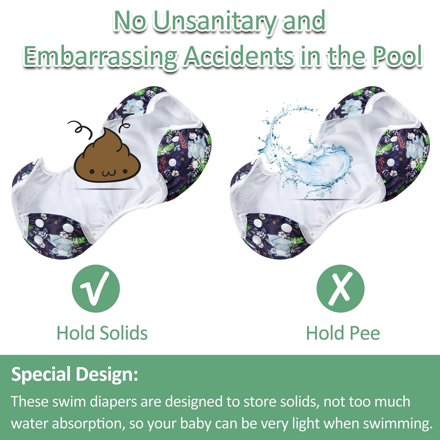 Wegreeco Baby & Toddler Snap One Size Adjustable Reusable Baby Swim Diaper (Plant, Small, 3 Pack)