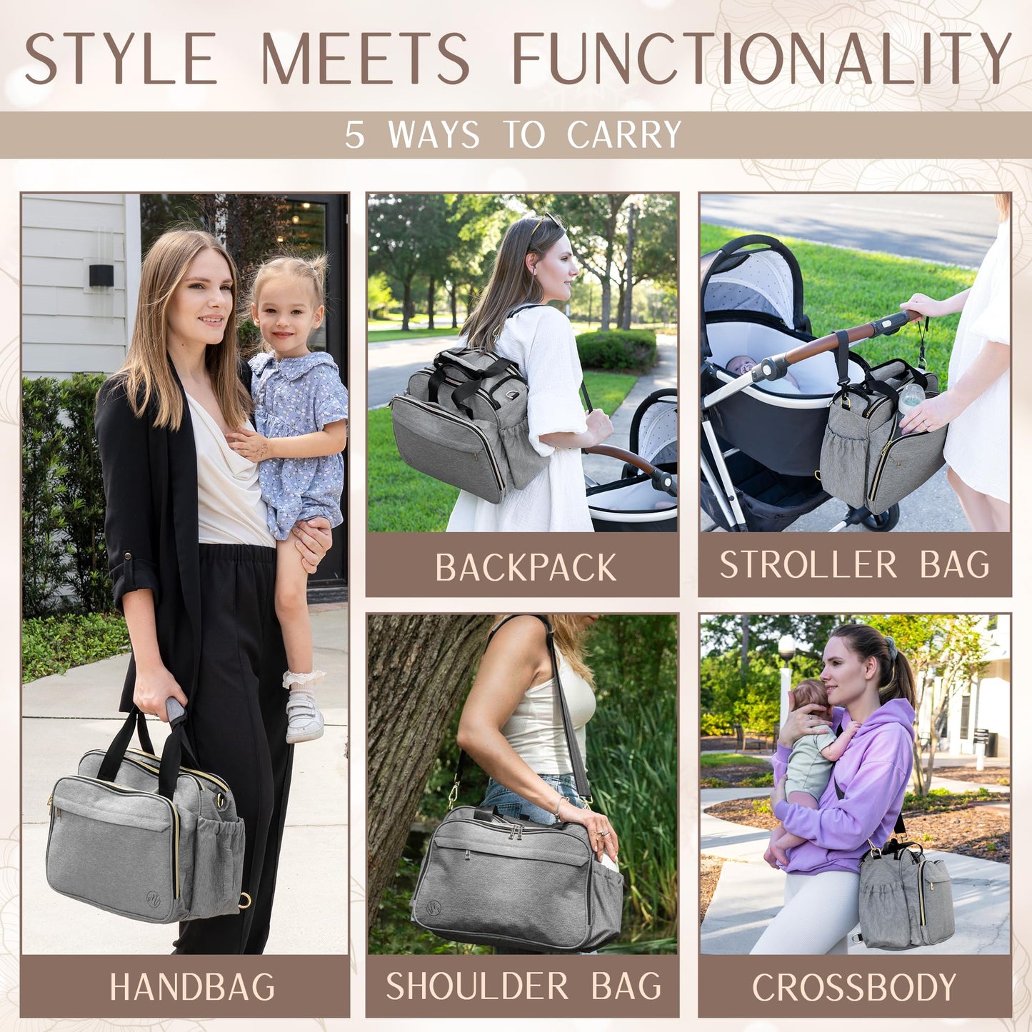 Mellories 4 in 1 Convertible Baby Diaper Bag - Converts from Tote to Backpack, Stroller & Crossbody Diaper Bag - Gray Baby Trave