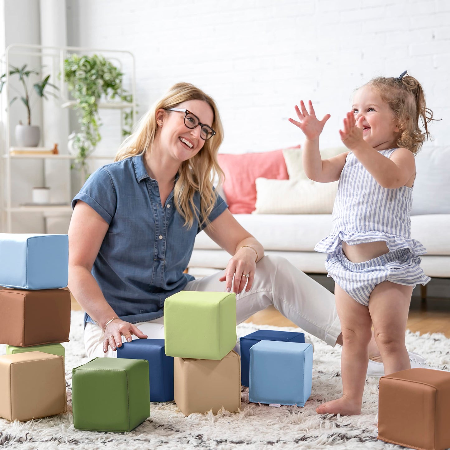 ECR4Kids SoftZone Patchwork Toddler Building Blocks, Foam Cubes, Earthtone, 12-Piece
