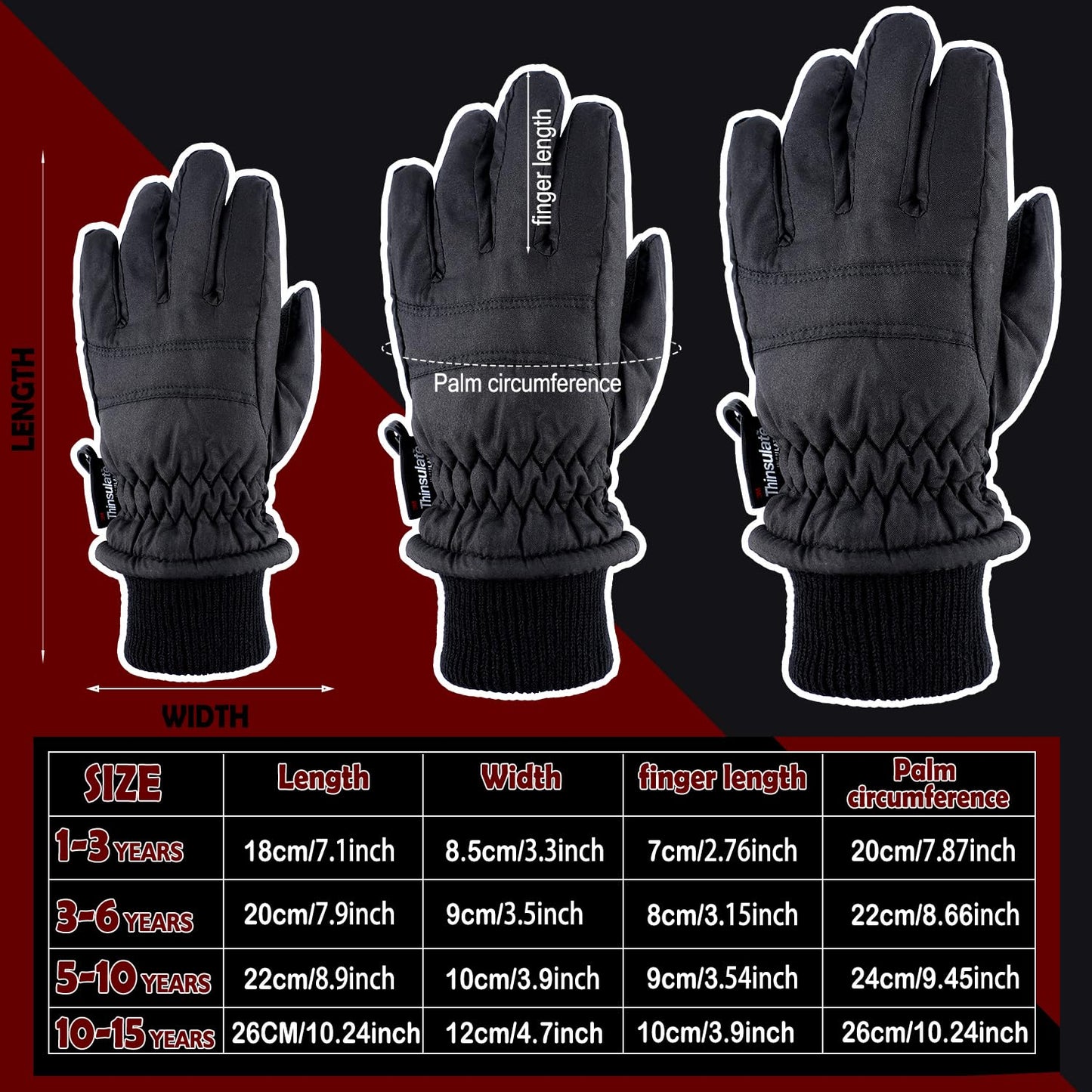 2 Pairs Kids Winter Ski Gloves Waterproof Warm Snow Mittens Full Finger Gloves For Toddlers Infants (Black, Rose Red, 3-6 Years)