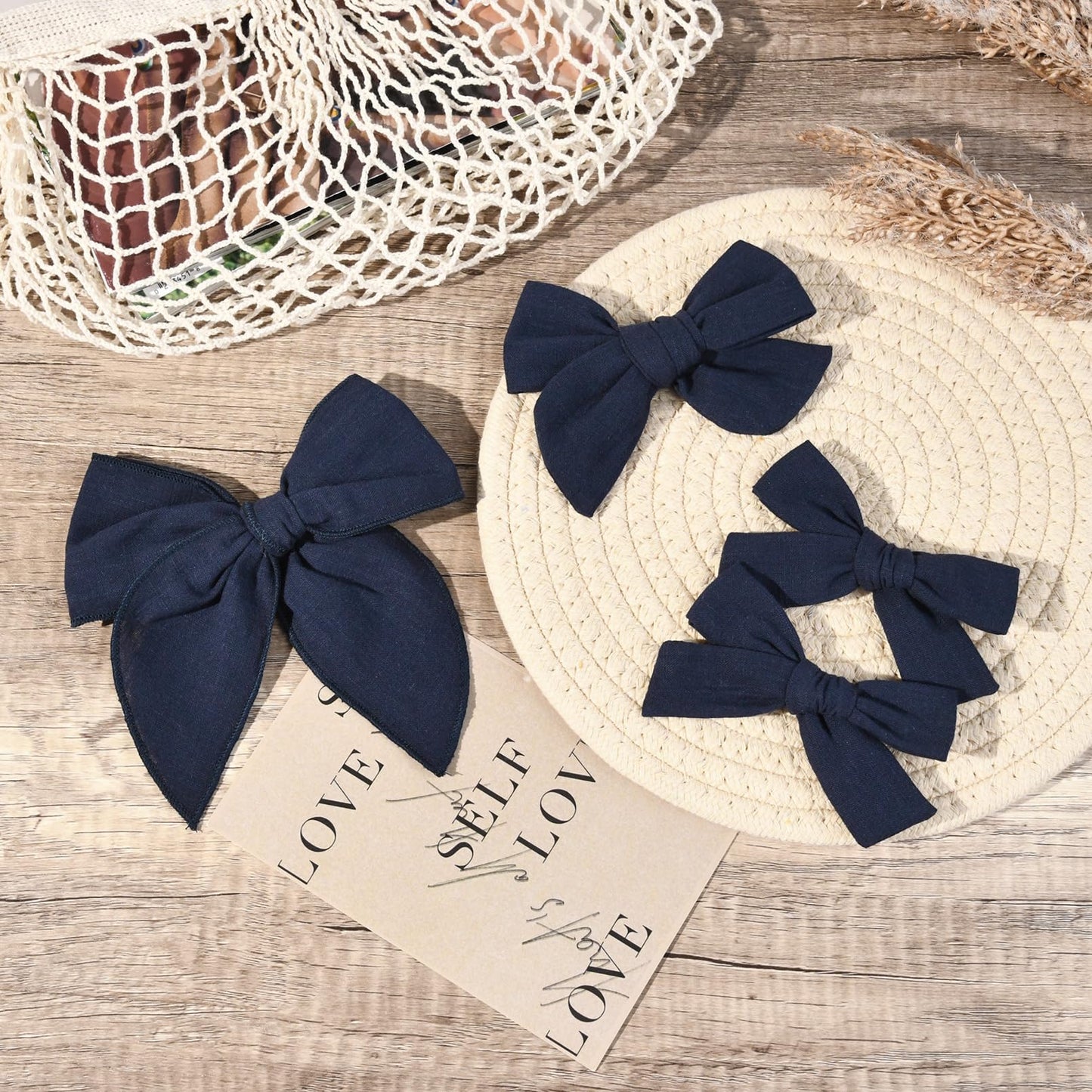 Deeka 4 Pcs Navy Blue Cotton Linen Hair Bows 3 Styles 5' & 4' Handmade Hair Bow Set For Toddler Girls Alligator Hair Clips Kno