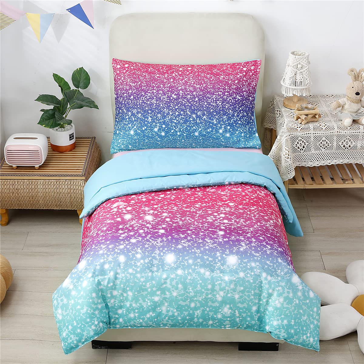 Urbonur 4 Pcs Bed In A Bag For Toddler Bed 2-6 Years Toddler Bedding Sets For Girls Room Decor Gradient Pink Purple Teal Toddler