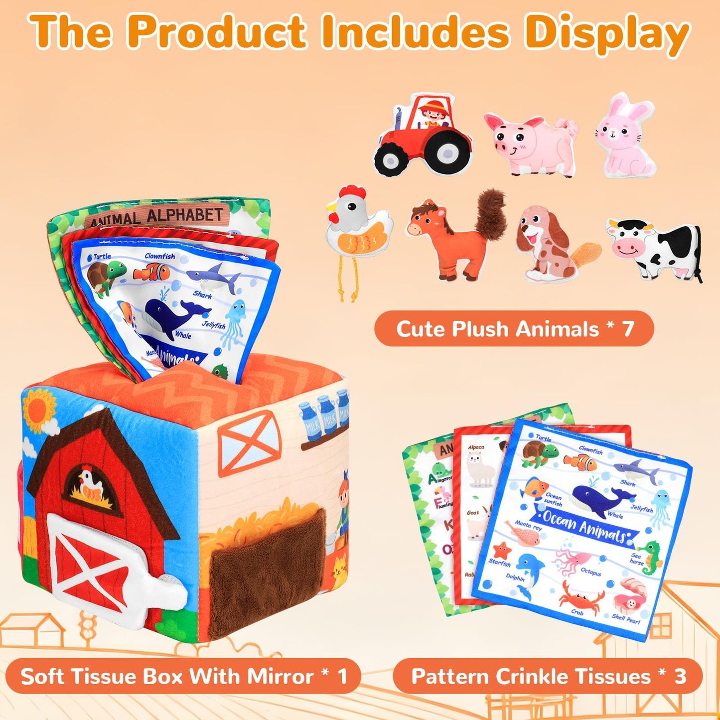 MPQMPQ Baby Tissue Box Toy Farm Crink Plush,Whats Inside Box Montessori Toys with Rattle,Crinkle,Mirror for Babies 6 9 12 18 Mon