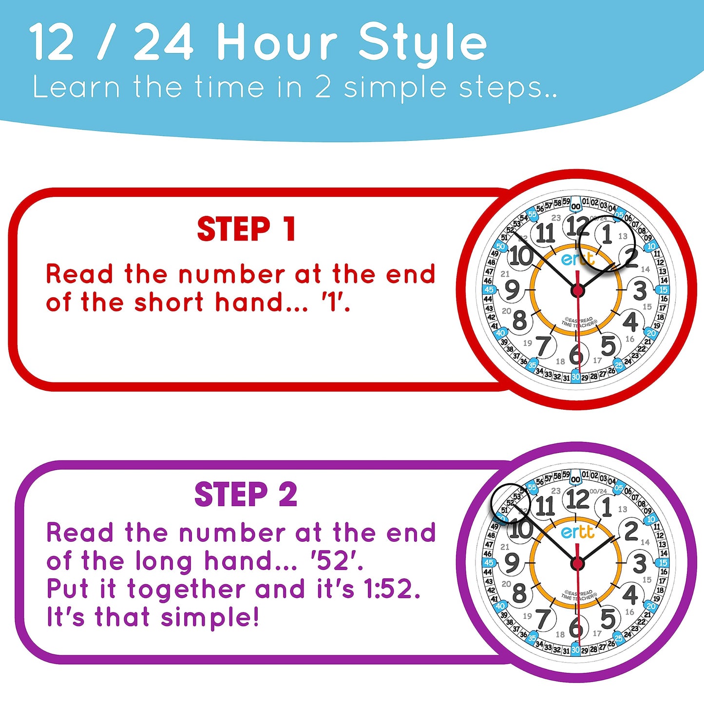 ertt Teaching Wall Clock - Learn The Time Wall Clock - Kids Analog Clock for Classroom, Playroom, Bedroom, Educational Room Deco