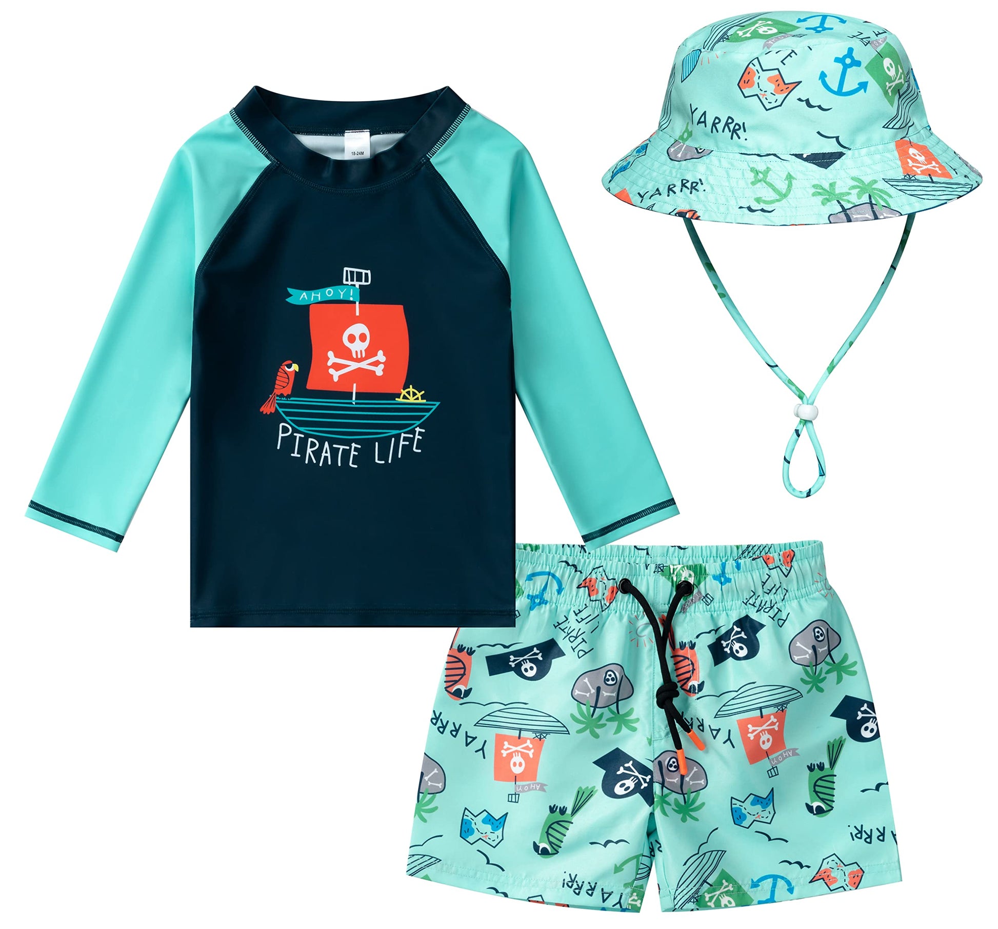 Toddlers And Baby Boys' 3-Piece Swimsuit Trunk Rashguard Set And Sun Hat Swimwear Bathing Suit Sunsuit Swim Shirt Upf 50+ Pirate