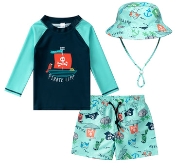 Toddlers And Baby Boys' 3-Piece Swimsuit Trunk Rashguard Set And Sun Hat Swimwear Bathing Suit Sunsuit Swim Shirt Upf 50+ Pirate