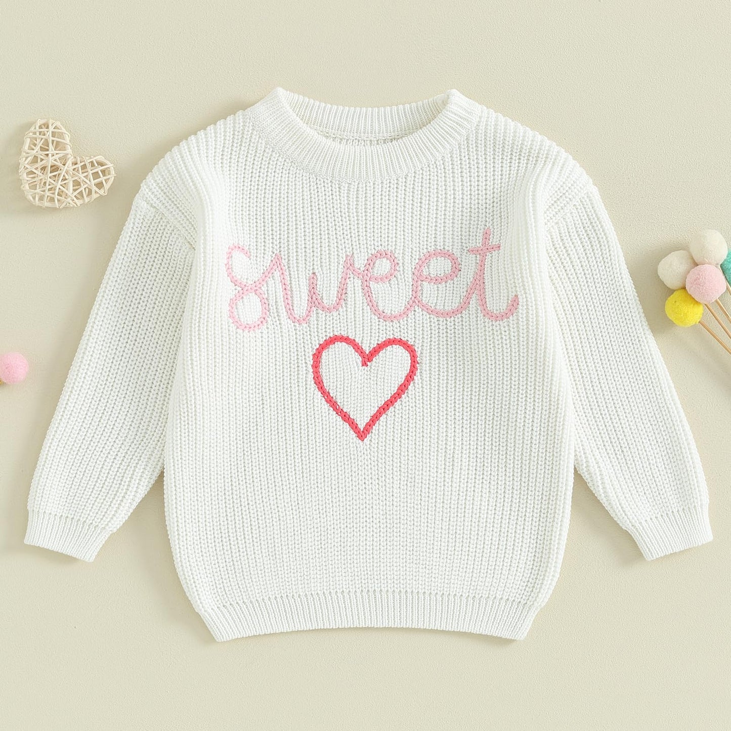 Baby Girl Cute Long Sleeve Crew Neck Love Embroidery Sweater Toddler Valentine Day Outfits (White Sweet, 18-24 Months)