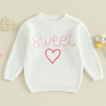 Baby Girl Cute Long Sleeve Crew Neck Love Embroidery Sweater Toddler Valentine Day Outfits (White Sweet, 18-24 Months)