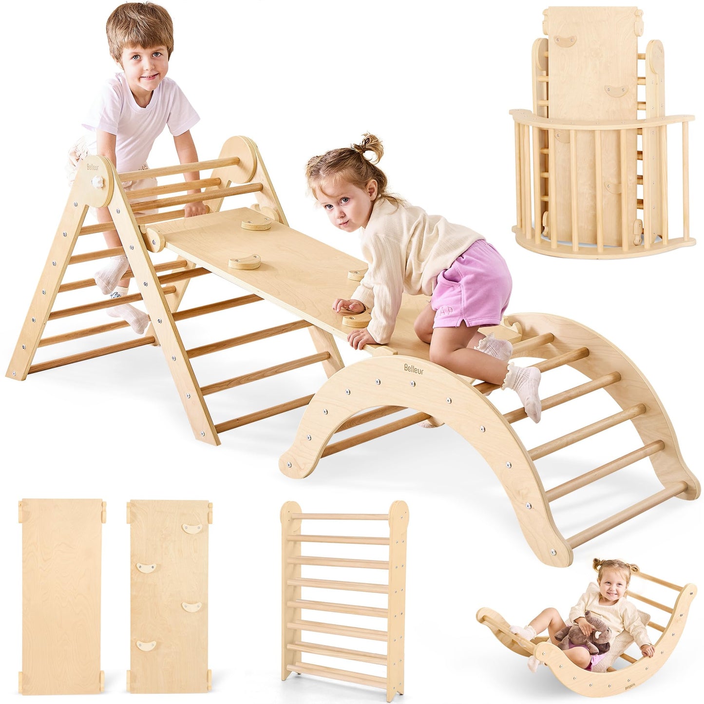 Belleur 7 In 1 Wood Pikler Triangle Set, Foldable Toddler Climbing Toys Indoor, Montessori Climbing Set With Ramp, Arch & Climbi