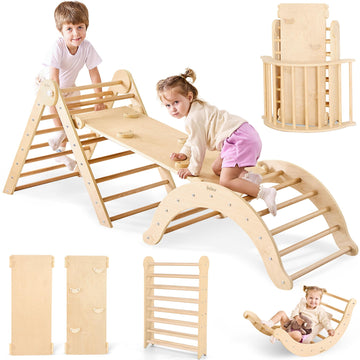 Belleur 7 In 1 Wood Pikler Triangle Set, Foldable Toddler Climbing Toys Indoor, Montessori Climbing Set With Ramp, Arch & Climbi