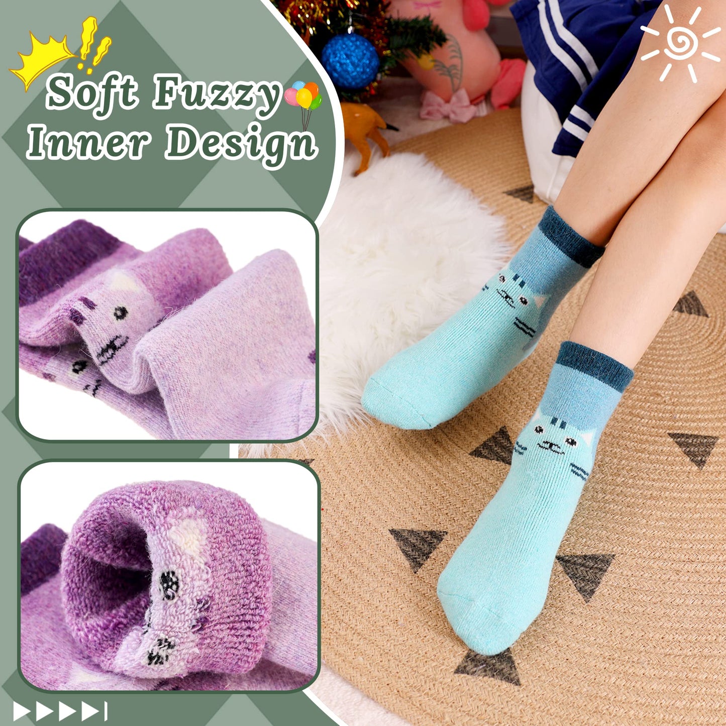 Children'S Winter Warm Wool Solid Color Socks Kids Boy Girls Thermal Crew Socks 6 Pairs (6 Pairs Cat, 4-7 Years)