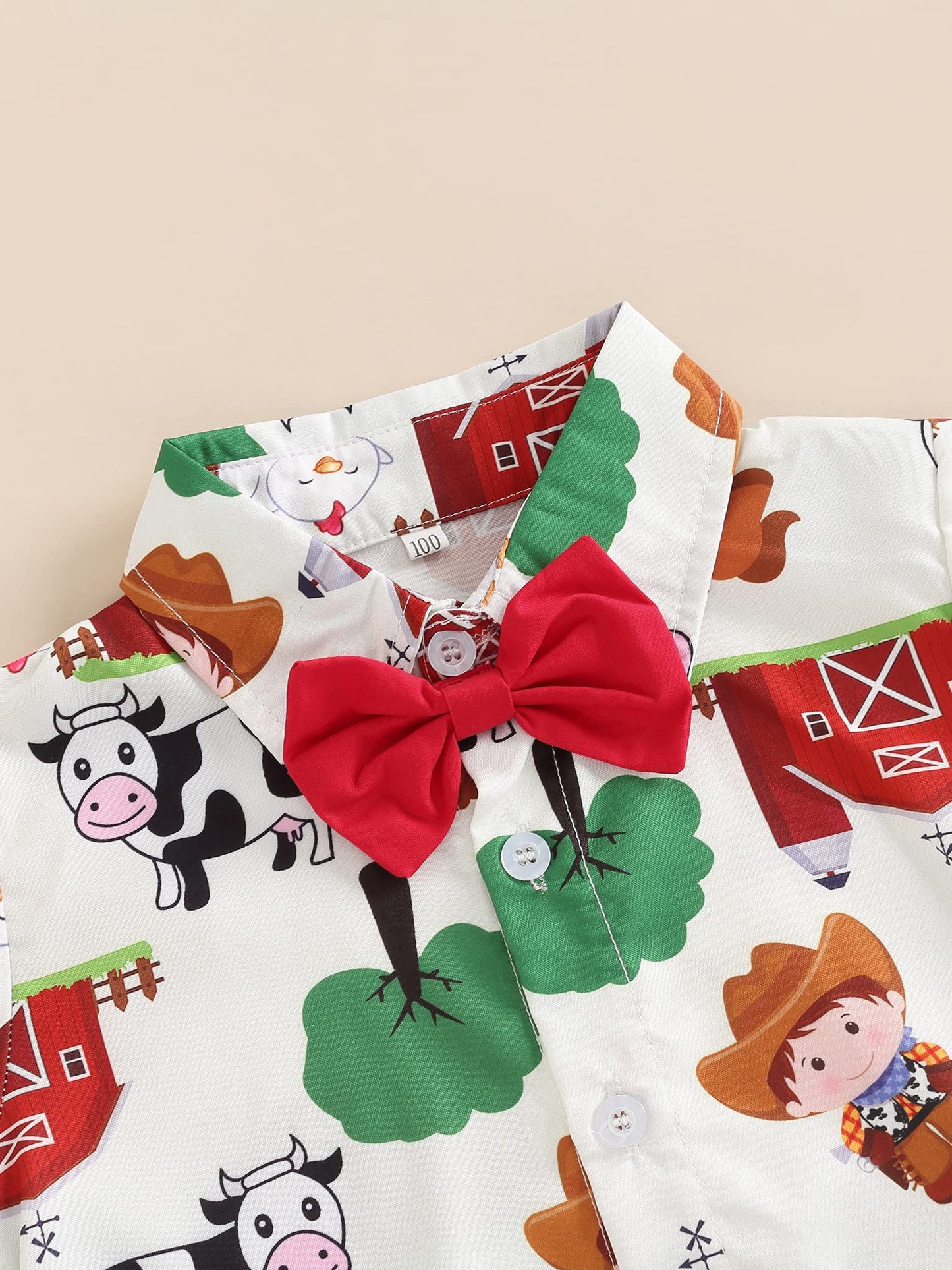 Visgogo Toddler Boys Outfits Farm/Circus Cartoon Animal Print Shirts With Bow Tie Shorts Set (Red Farm, 1-2T)