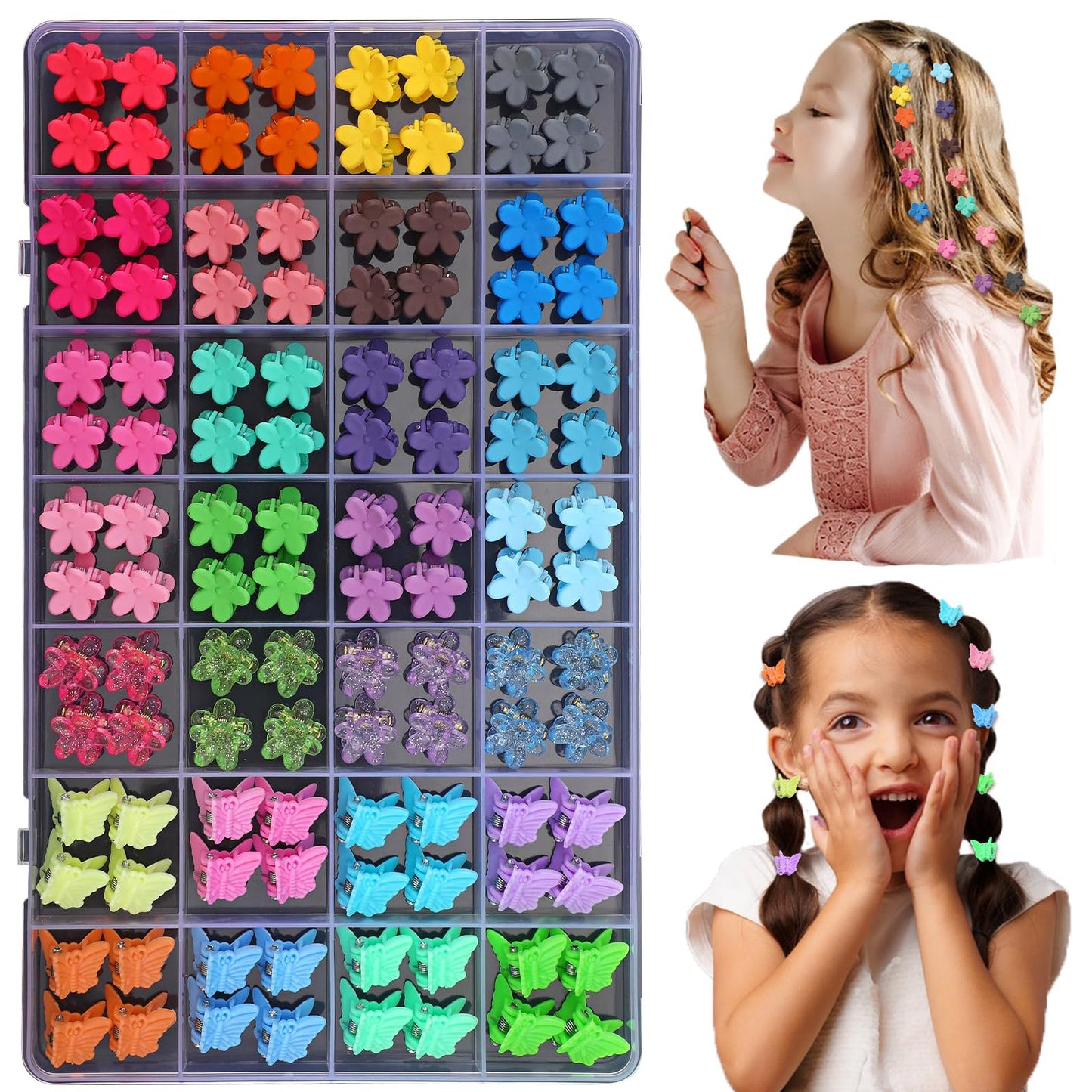 112 Pcs Baby Hair Clips - 28 Color Mini Flower and Butterfly Clips for Girls, Toddlers - Small Claw Clips With Organizer Box - C