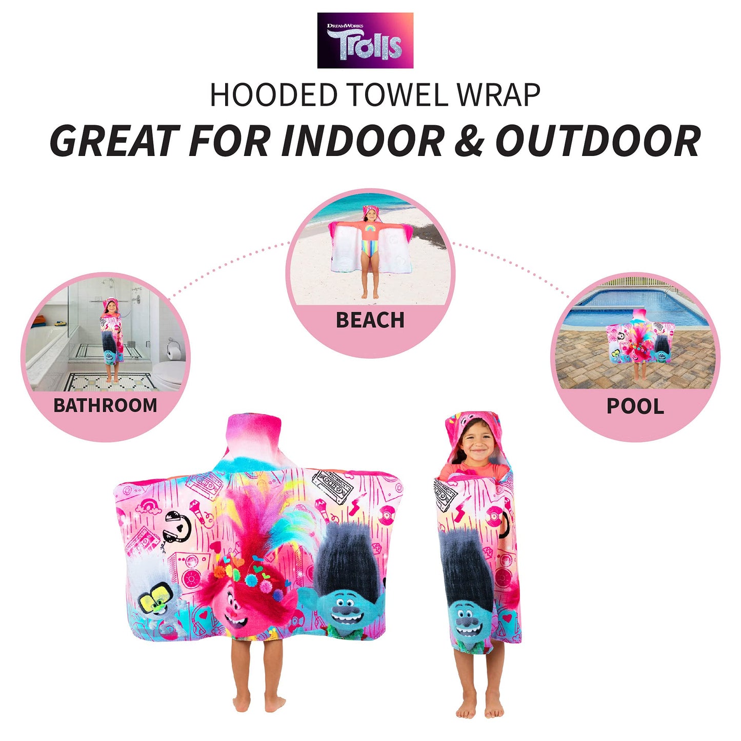 Franco Kids Bath And Beach Cotton Terry Hooded Towel Wrap, 24 In X 50 In, Dreamworks Trolls