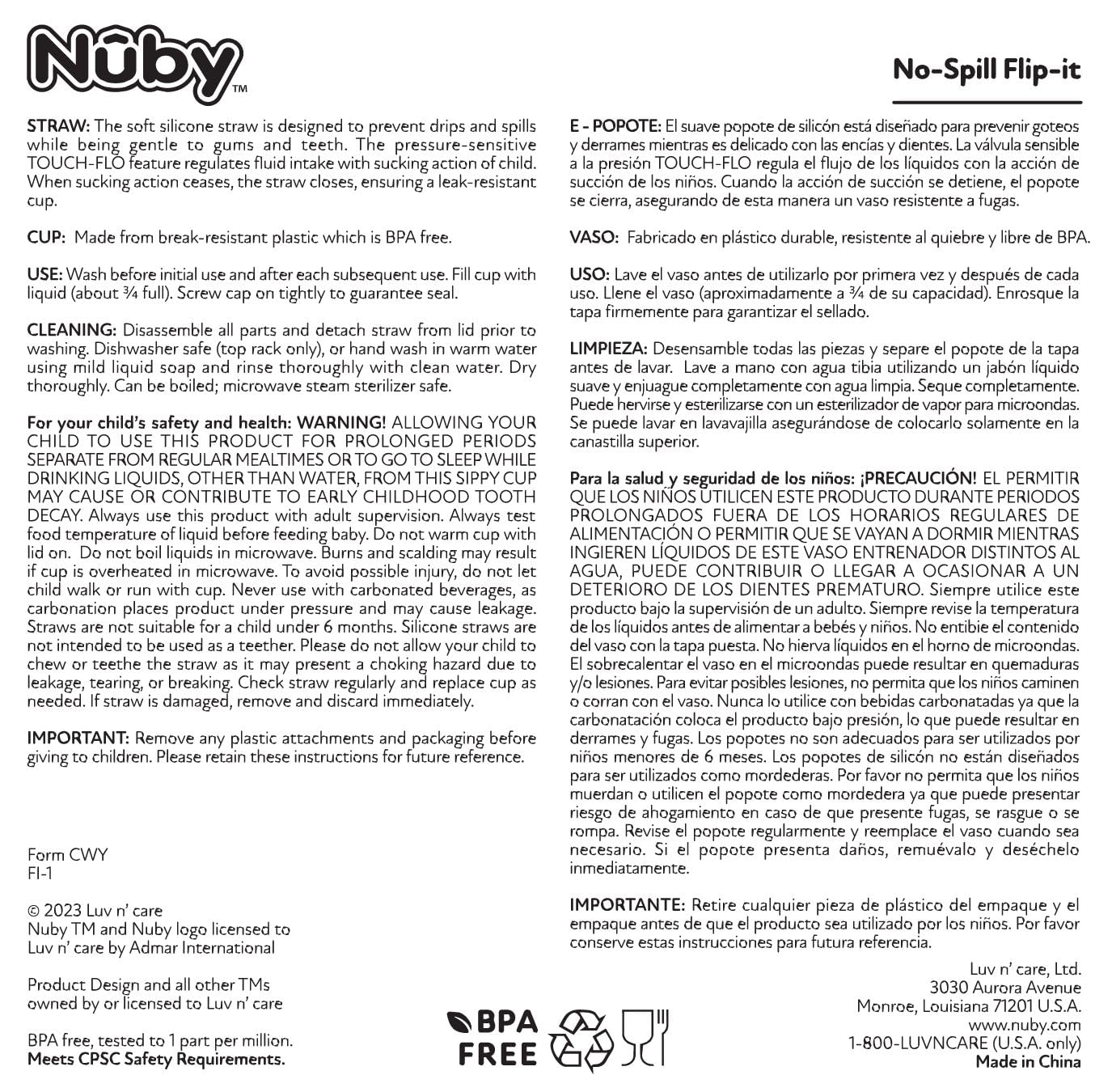 Nuby 2-Pack Thirsty Kids No-Spill Flip-It Printed Boost Cup With Thin Soft Straw - 12Oz, 18+ Months, 2-Pack, Blue Astronaut & Aq