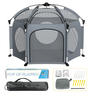 PRObebi Portable Pop Up Playpen for Babies and Toddlers - Grey Lightweight Outdoor Play Yard with Three Sun-Shade - Beach and In