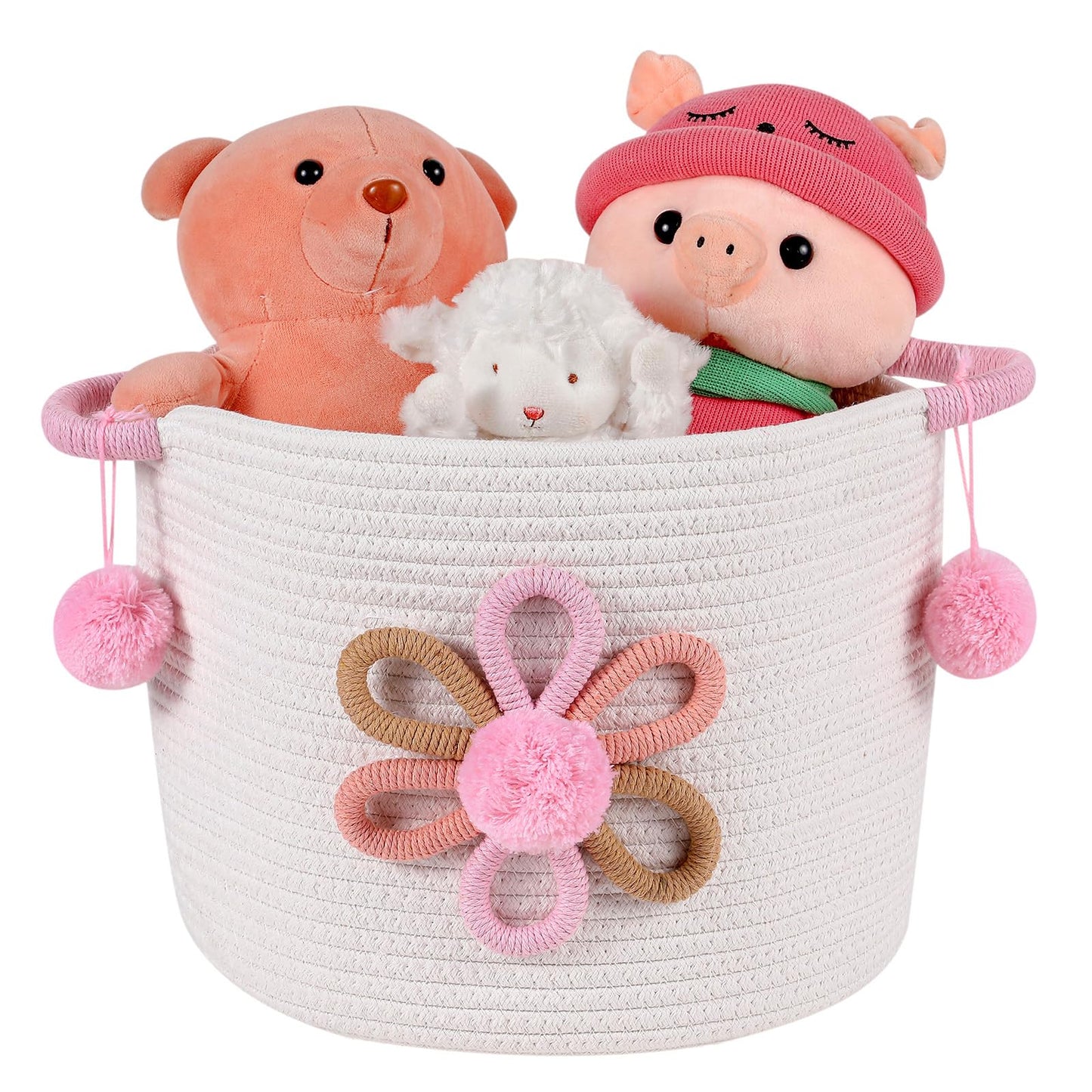 Inough Pink Cotton Rope Storage Basket With 3D Flower For Kids, Blanket Baskets For Living Room Toys Organizer With Handle Woven