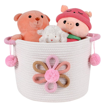 Inough Pink Cotton Rope Storage Basket With 3D Flower For Kids, Blanket Baskets For Living Room Toys Organizer With Handle Woven