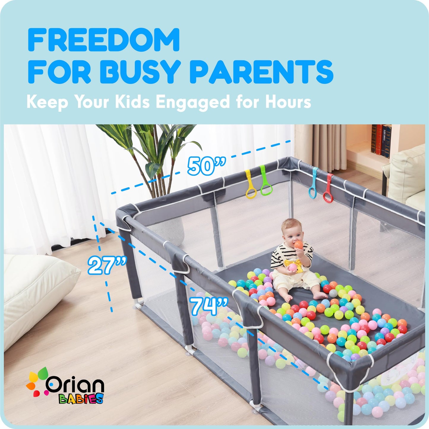 Orian Baby Playpen 74X50 Xl - Large Play Pen For Babies 6-12 Months & Toddlers 1-3 Years, Baby Fence & Play Yard, Baby Gate Play