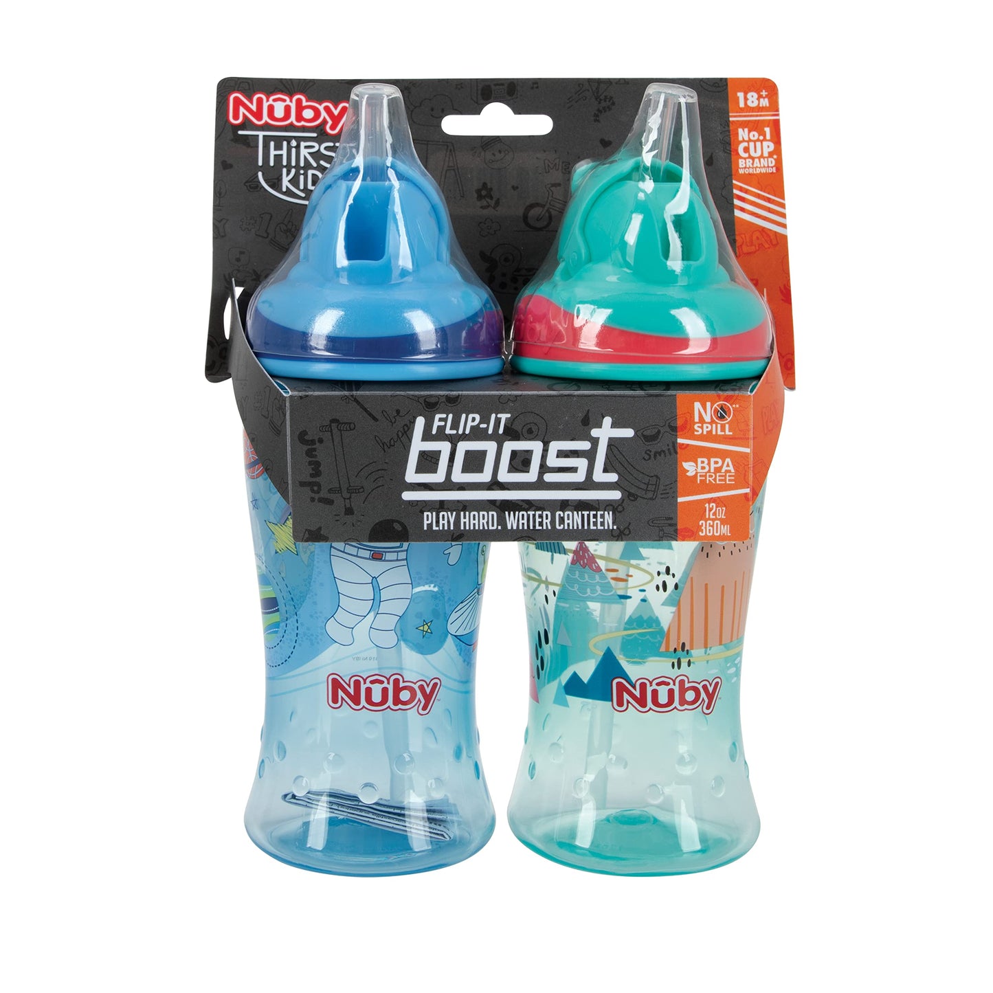 Nuby 2Pkthirsty Kids No-Spill Flip-It Printed Boost Cup With Thin Soft Straw - 12Oz, 18+ Months, 2Pack Print May Vary