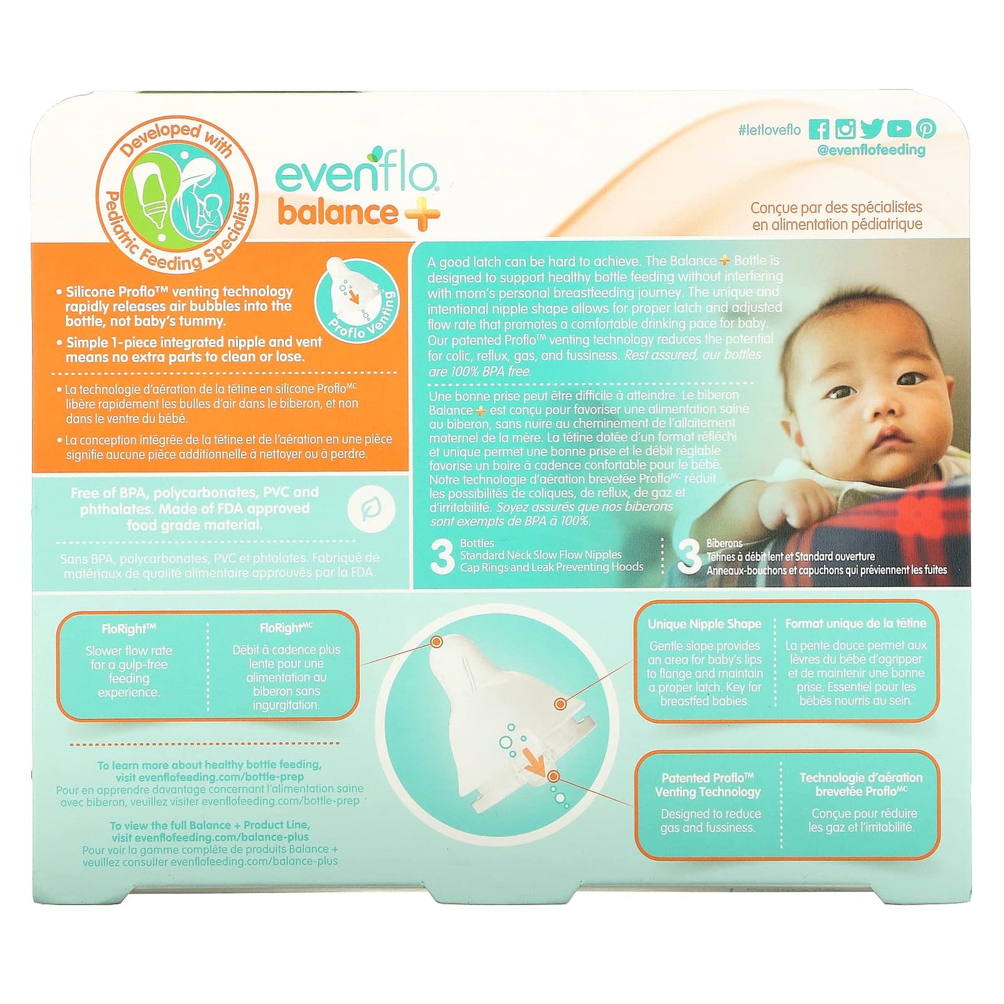 Evenflo Feeding Balance+ Bottles, Standard, 0+ Months, Slow Flow, 3 Bottles, 4 Oz (120 Ml)