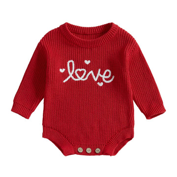 Adobabirl My First Valentines Day Baby Outfit Girl Boy Knit Sweater Bubble Romper Long Sleeve Jumpsuit Fall Winter Outfit (F Lov